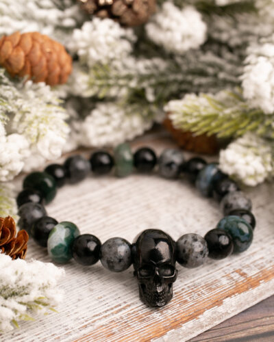 Black Labradorite + Black Tourmaline + Moss Agate + Skull Handmade Stretch Bracelet