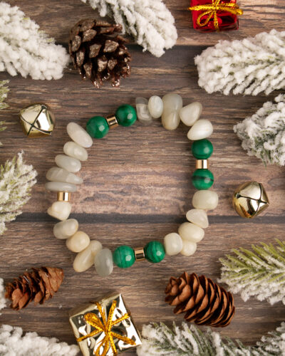 Moonstone Nuggets + Malachite Handmade Stretch Bracelet