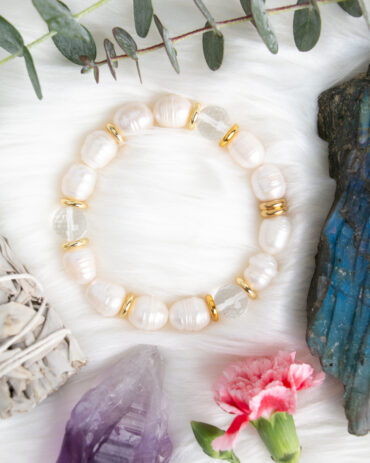 Fresh Water Pearl + Quartz Crystal Handmade Stretch Bracelet