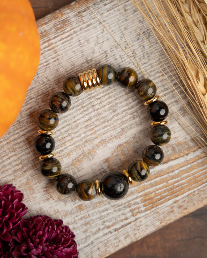 Dark Brown Tigers Eye + Black Tourmaline Handmade Stretch Bracelet