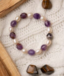 Super 7 + Fresh Water Pearl Handmade Stretch Bracelet by Earth + Fire