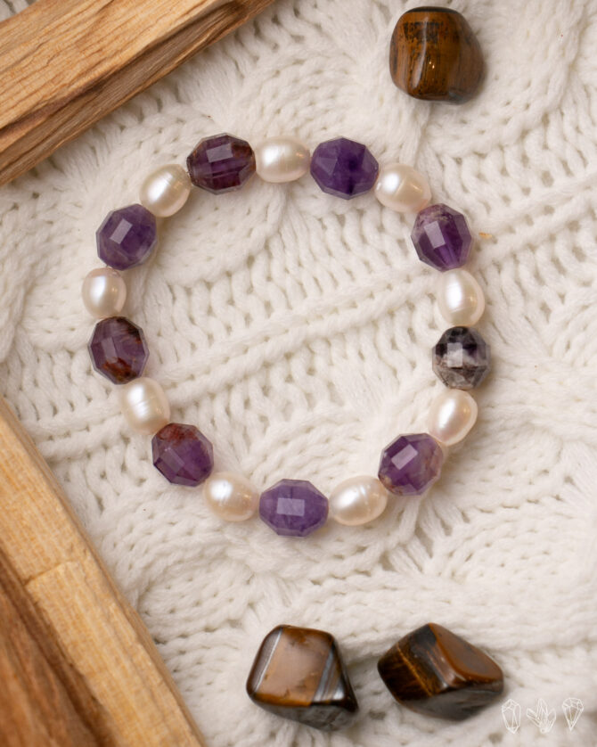 Super 7 + Fresh Water Pearl Handmade Stretch Bracelet by Earth + Fire