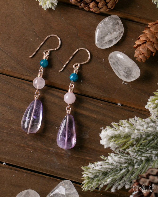 Apatite, Rose Quartz, and Amethyst Earrings