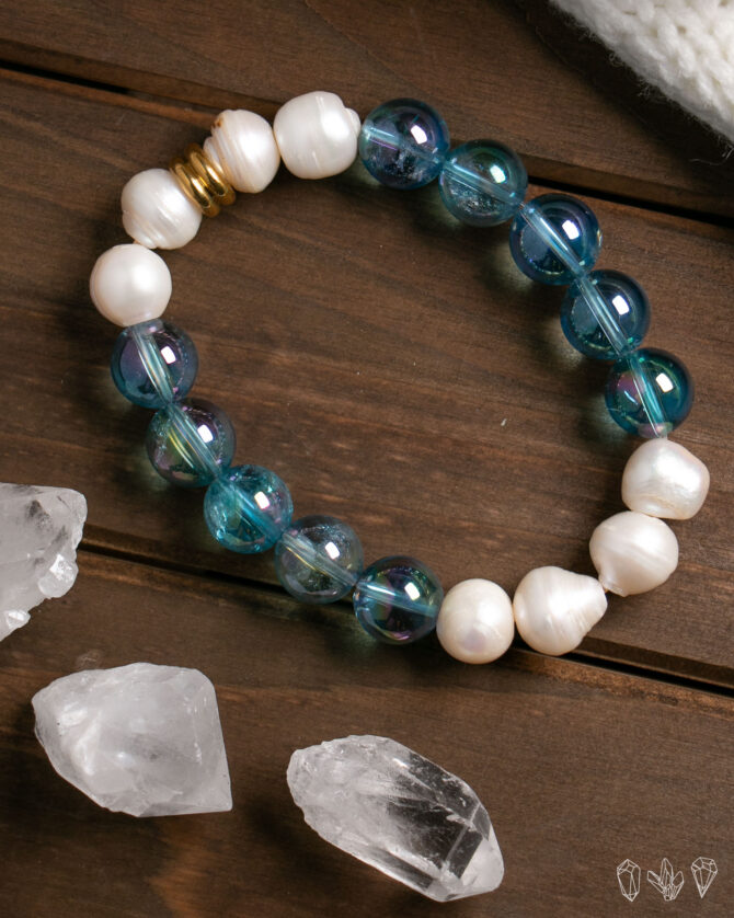 Aqua Aura Quartz + Pearl Handmade Bracelet