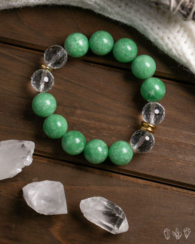 Green Jade + Quartz Crystal Handmade Stretch Bracelet