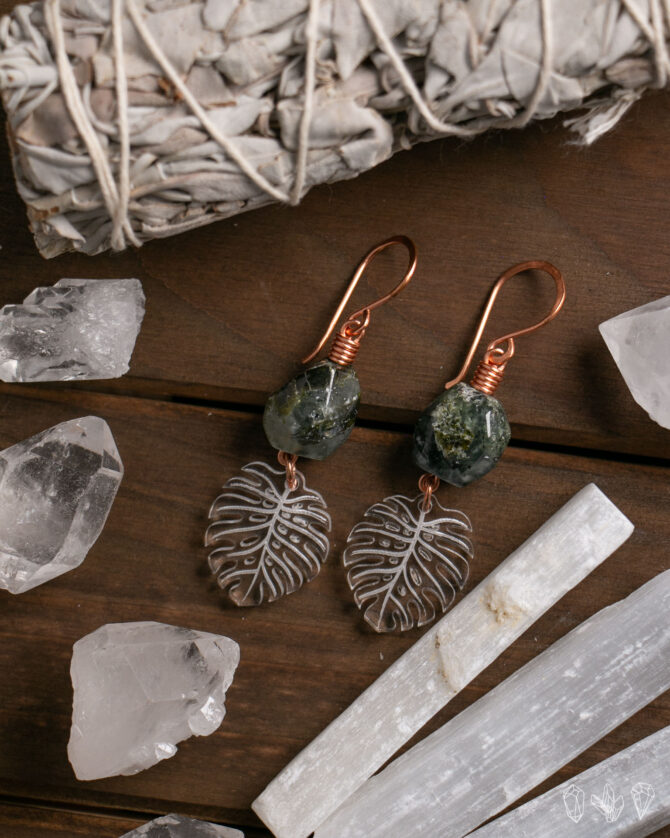 Prehnite & Monstera Leaf Earrings