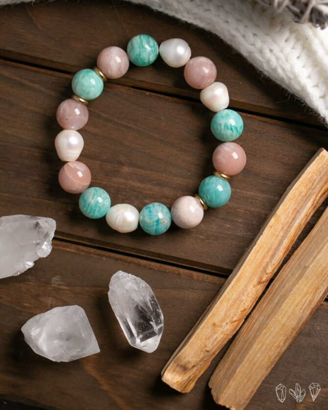 Sunstone | Peruvian Amazonite | Pearl Handmade Stretch Bracelet