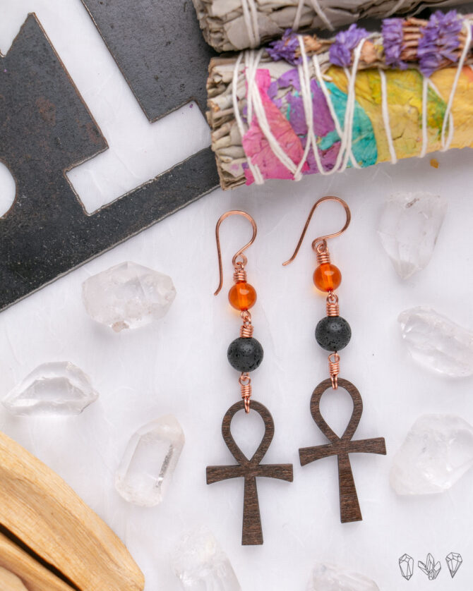 Amber & Lava Stone Ankh Earrings