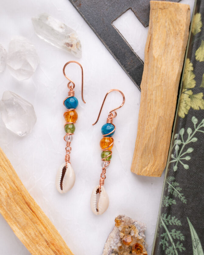 Apatite, Citrine, Peridot, & Cowrie Shell Earrings