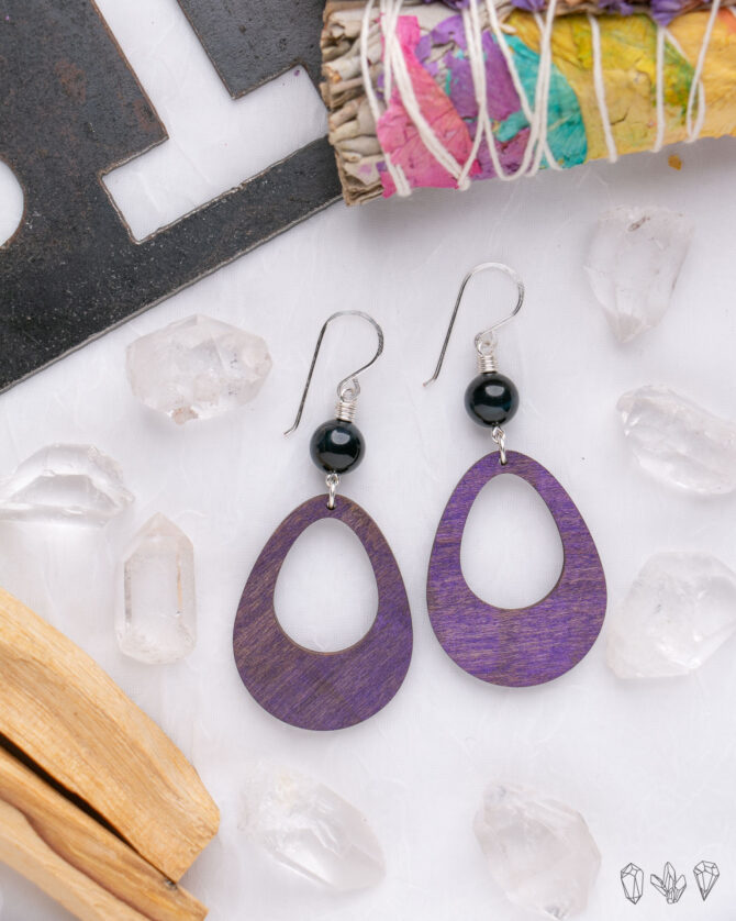 Obsidian and Purple Wood Drop Earrings