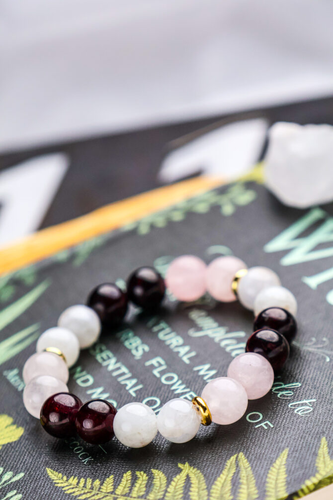 Rainbow Moonstone + Rose Quartz + Garnet Handmade Bracelet - Image 3