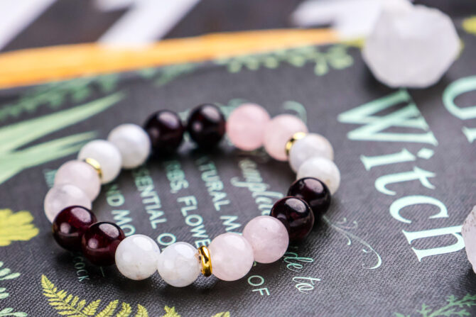 Rainbow Moonstone + Rose Quartz + Garnet Handmade Bracelet - Image 2