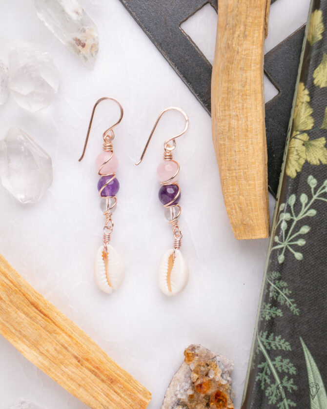 Rose Quartz, Clear Quartz and Amethyst Cowrie Shell Earrings