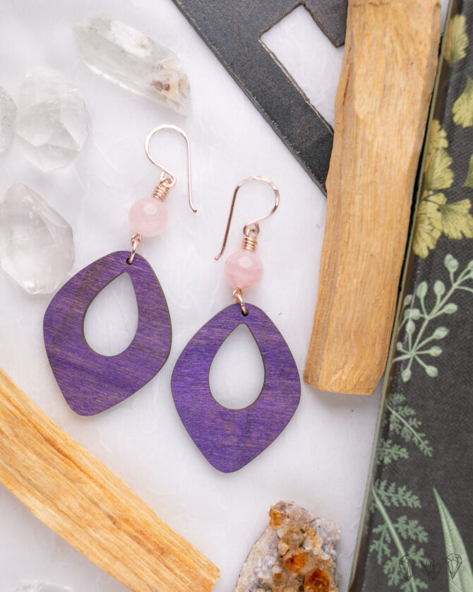 Purple Wood and Rose Quartz Earrings