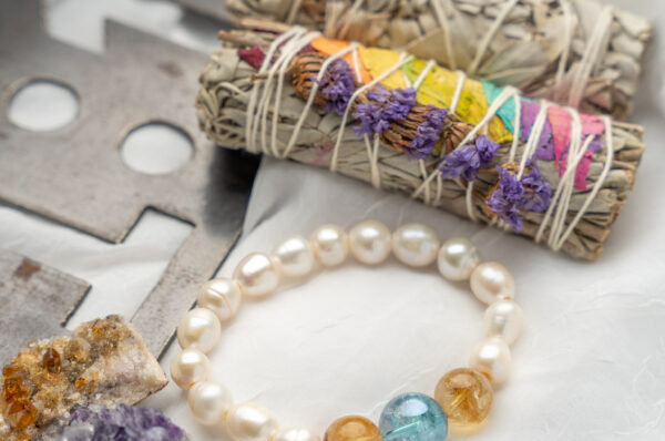 Aqua Aura Quartz + Citrine + Pearl Handmade Bracelet Aqua Aura Quartz + Citrine + Pearl Handmade Bracelet