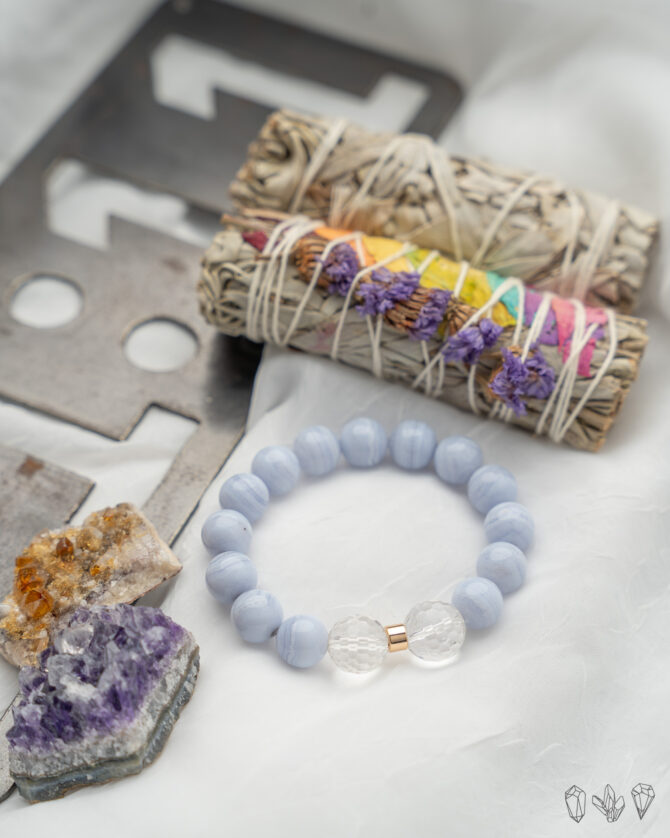 Blue Lace Agate + Quartz Crystal Handmade Stretch Bracelet