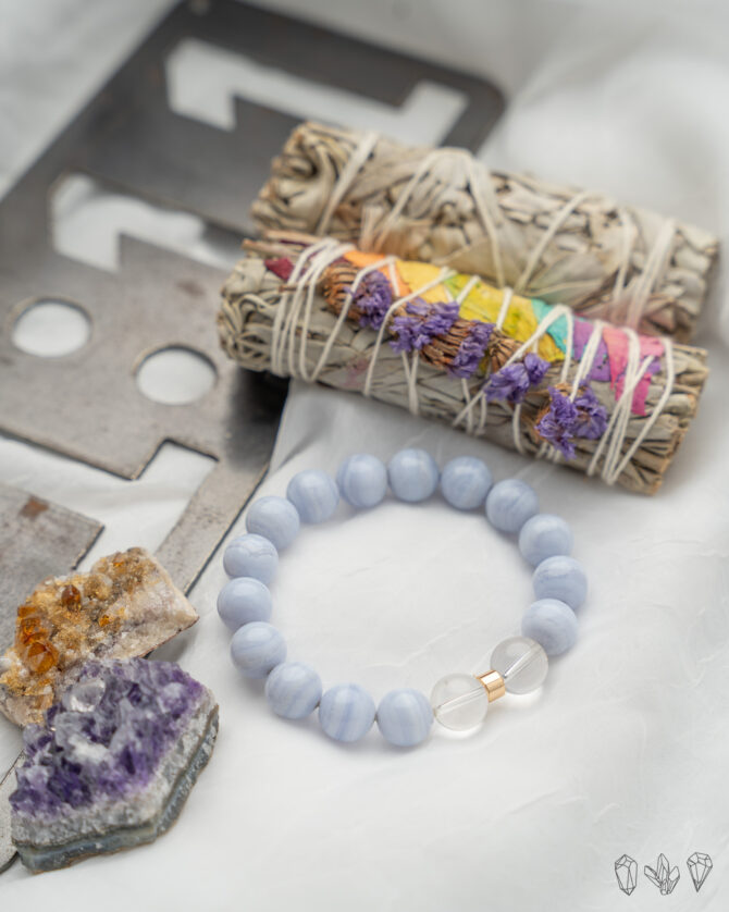 Blue Lace Agate  + Quartz Crystal  Handmade Stretch Bracelet