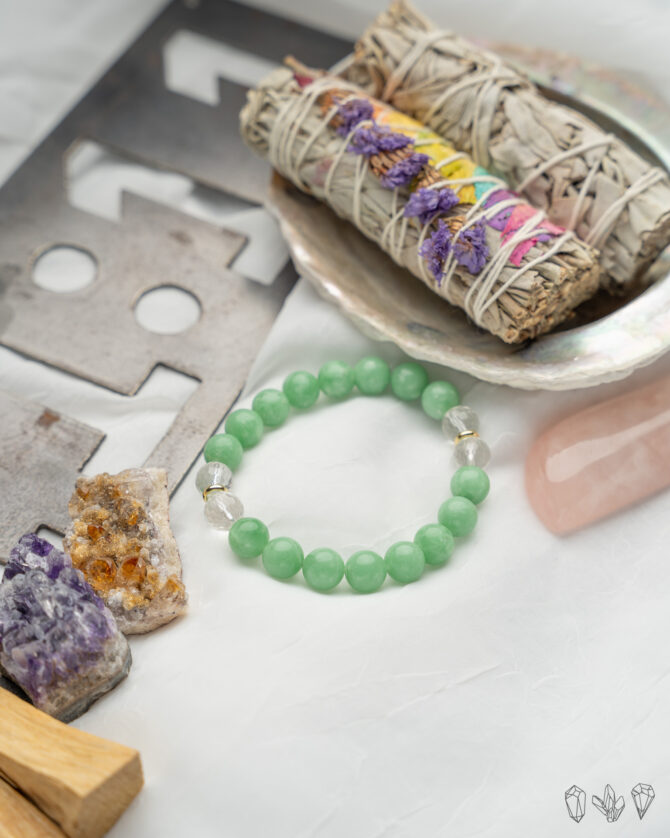 Green Jade + Quartz Crystal Handmade Stretch Bracelet