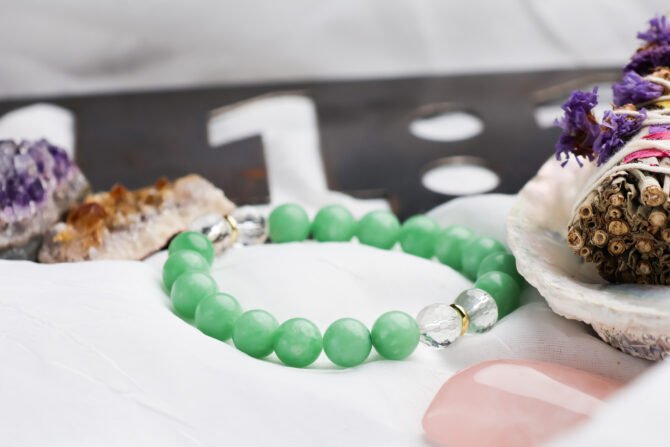 Green Jade + Quartz Crystal Handmade Stretch Bracelet - Image 2