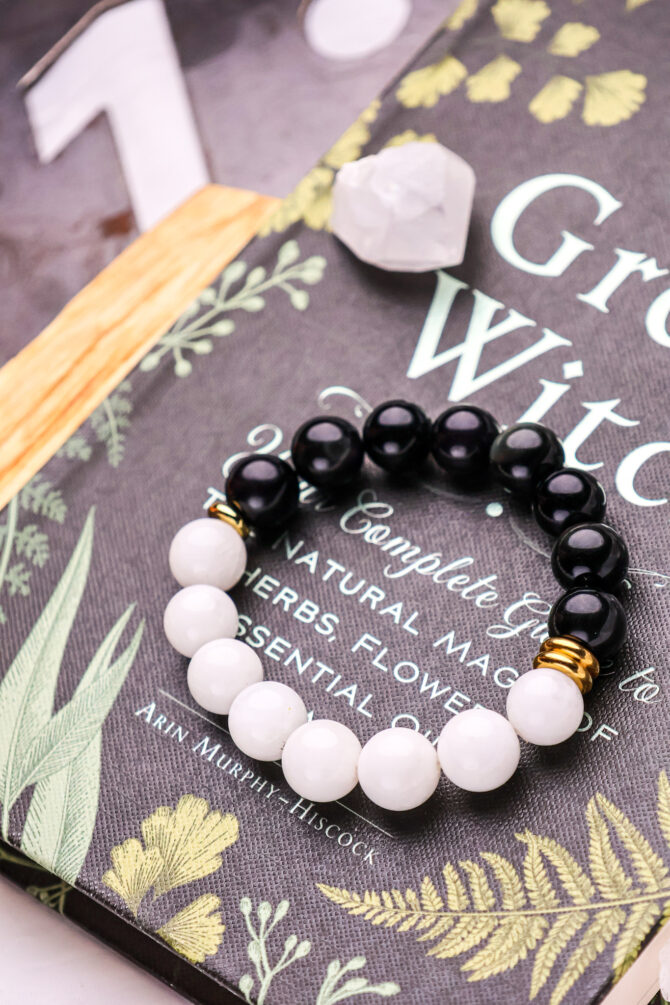 White Jade + Rainbow Obsidian Handmade Stretch Bracelet - Image 2