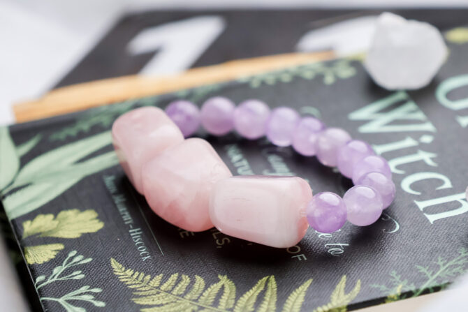 Rose Quartz + Amethyst Handmade Stretch Bracelet - Image 2