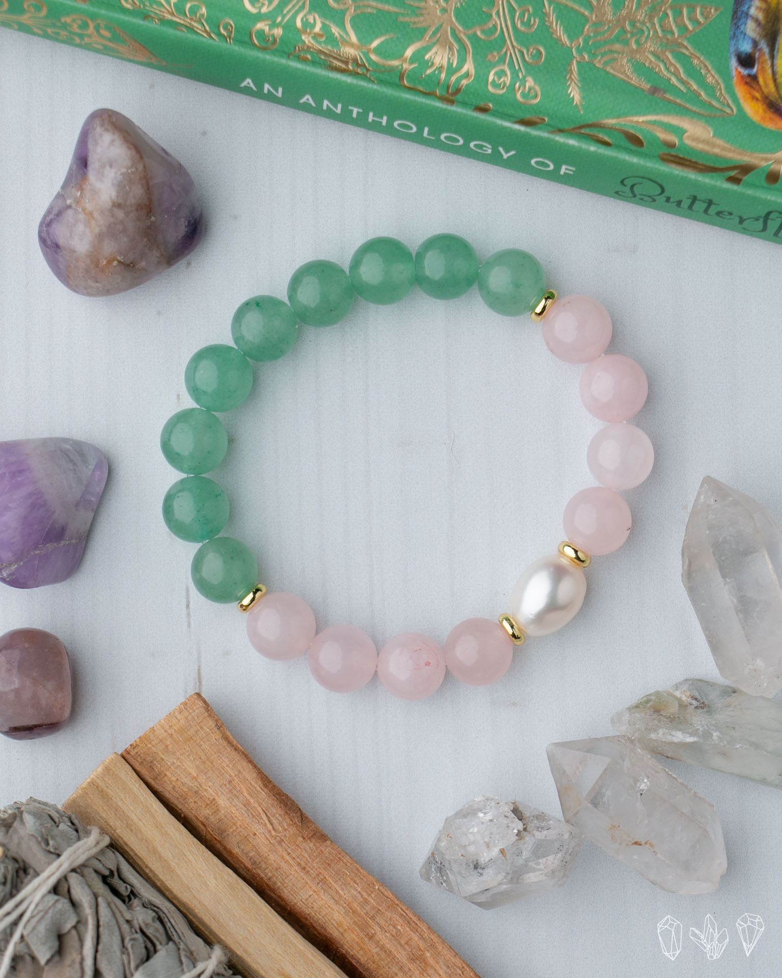 Green Aventurine + Pearl + Rose Quartz Handmade Stretch Bracelet