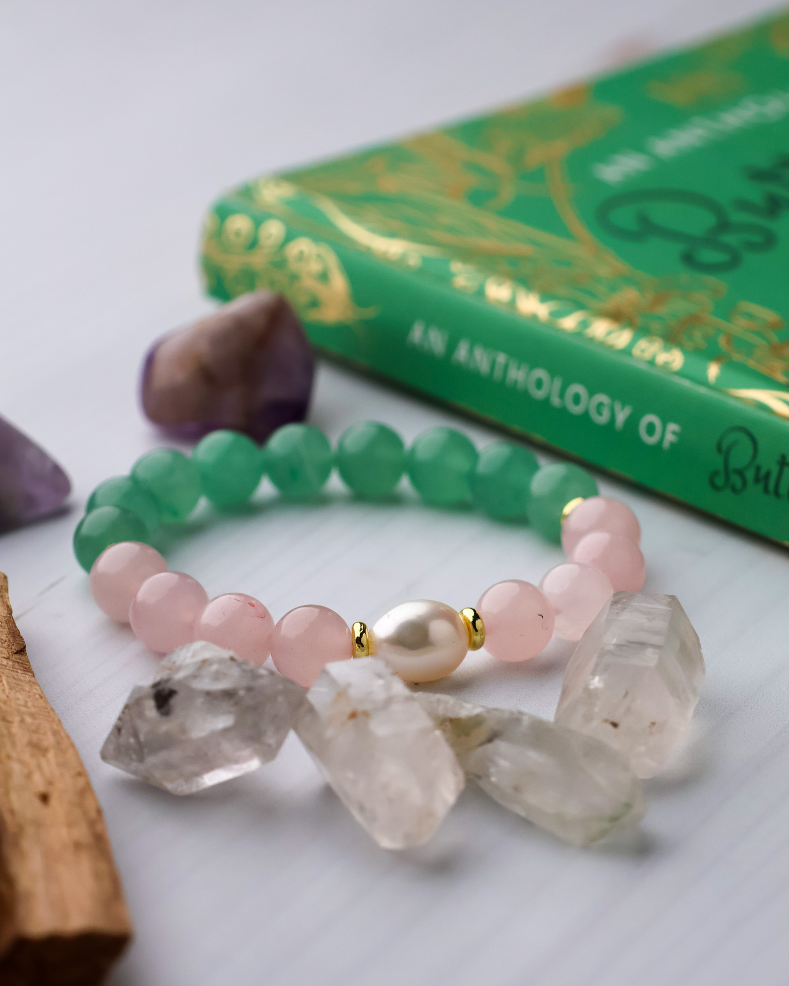 Green Aventurine + Pearl + Rose Quartz Handmade Stretch Bracelet - Image 2