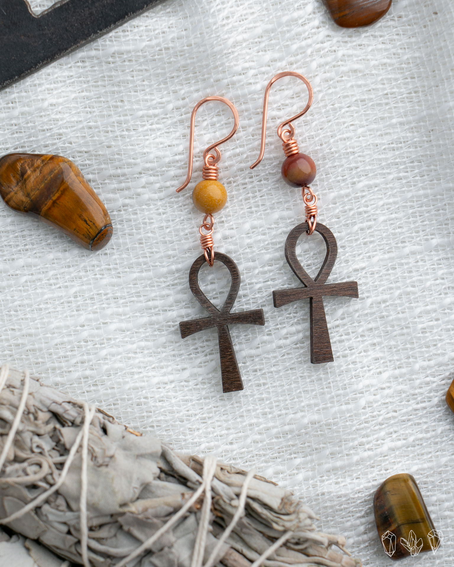Mookaite Jasper + Wood Ankh Earrings