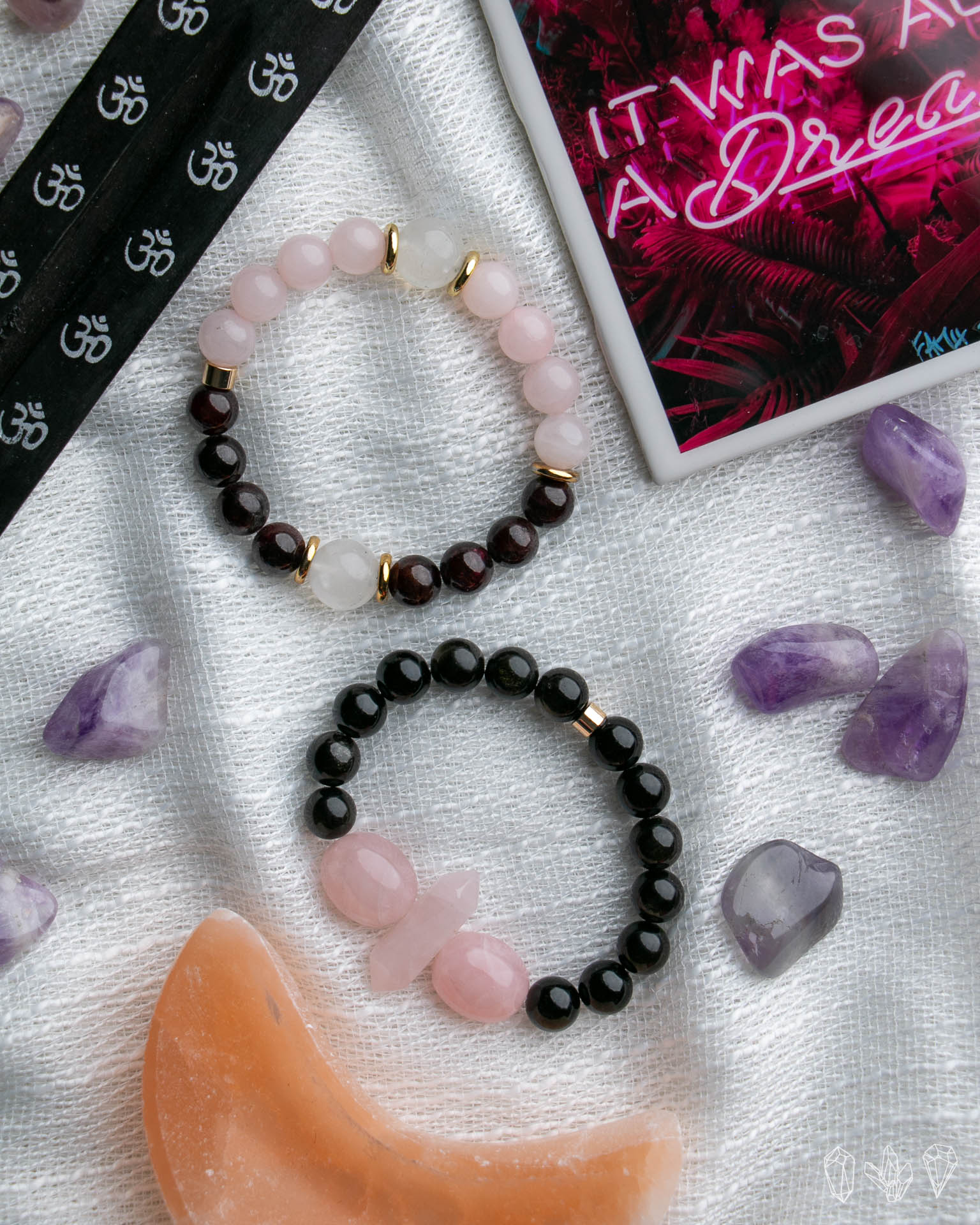 Rose Quartz + Garnet + Moonstone Stretch Bracelet - Image 2