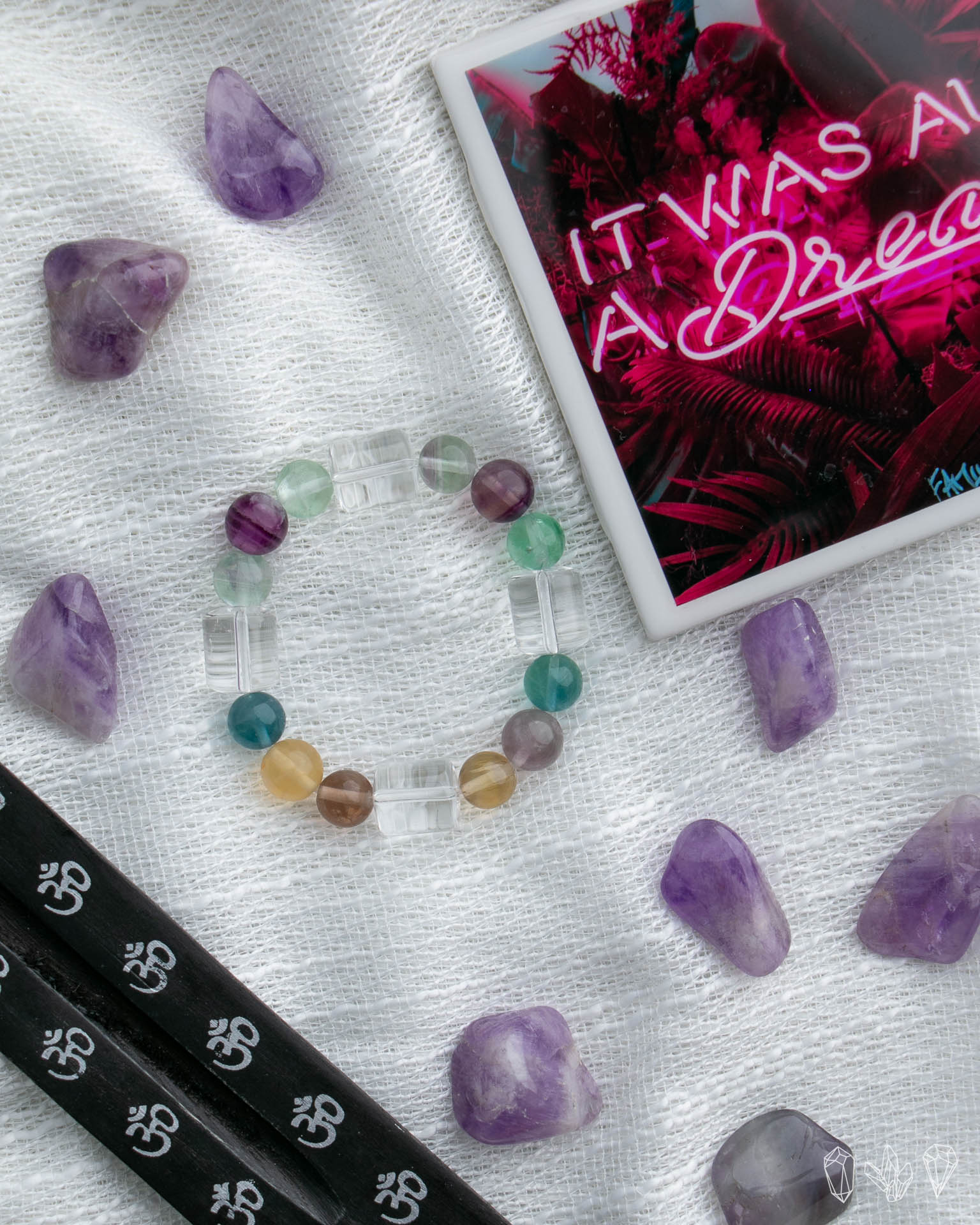 Rainbow Fluorite + Quartz Crystal Stretch Bracelet