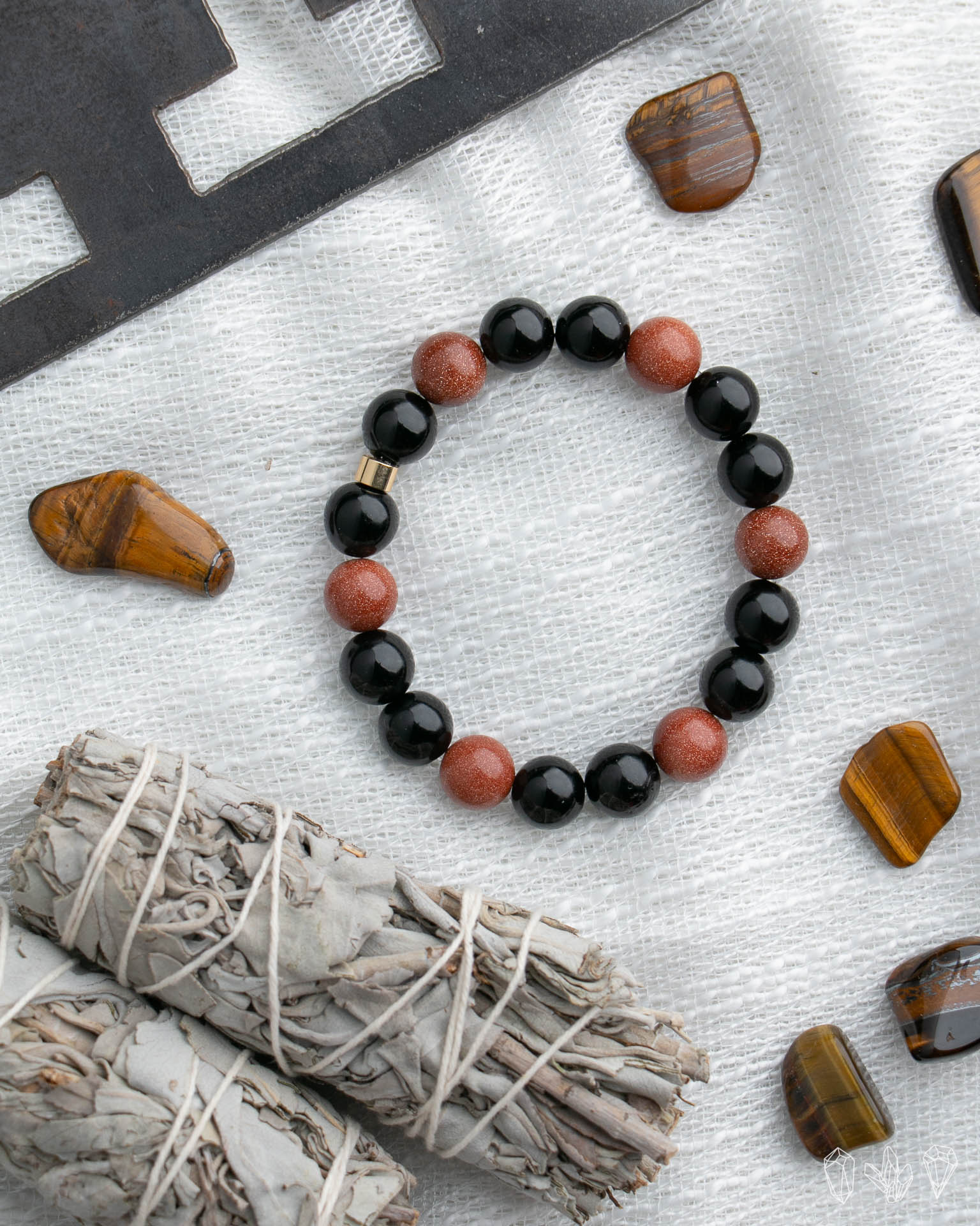 Black Onyx + Goldstone Handmade Stretch Bracelet
