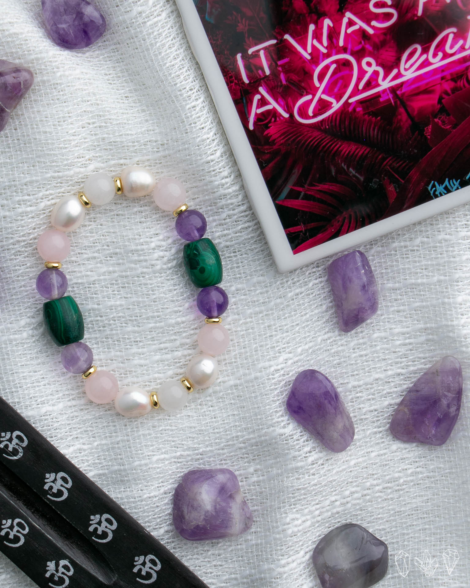 Rose Quartz + Malachite + Amethyst + Fresh Water Pearl + White Jade Stretch Bracelet