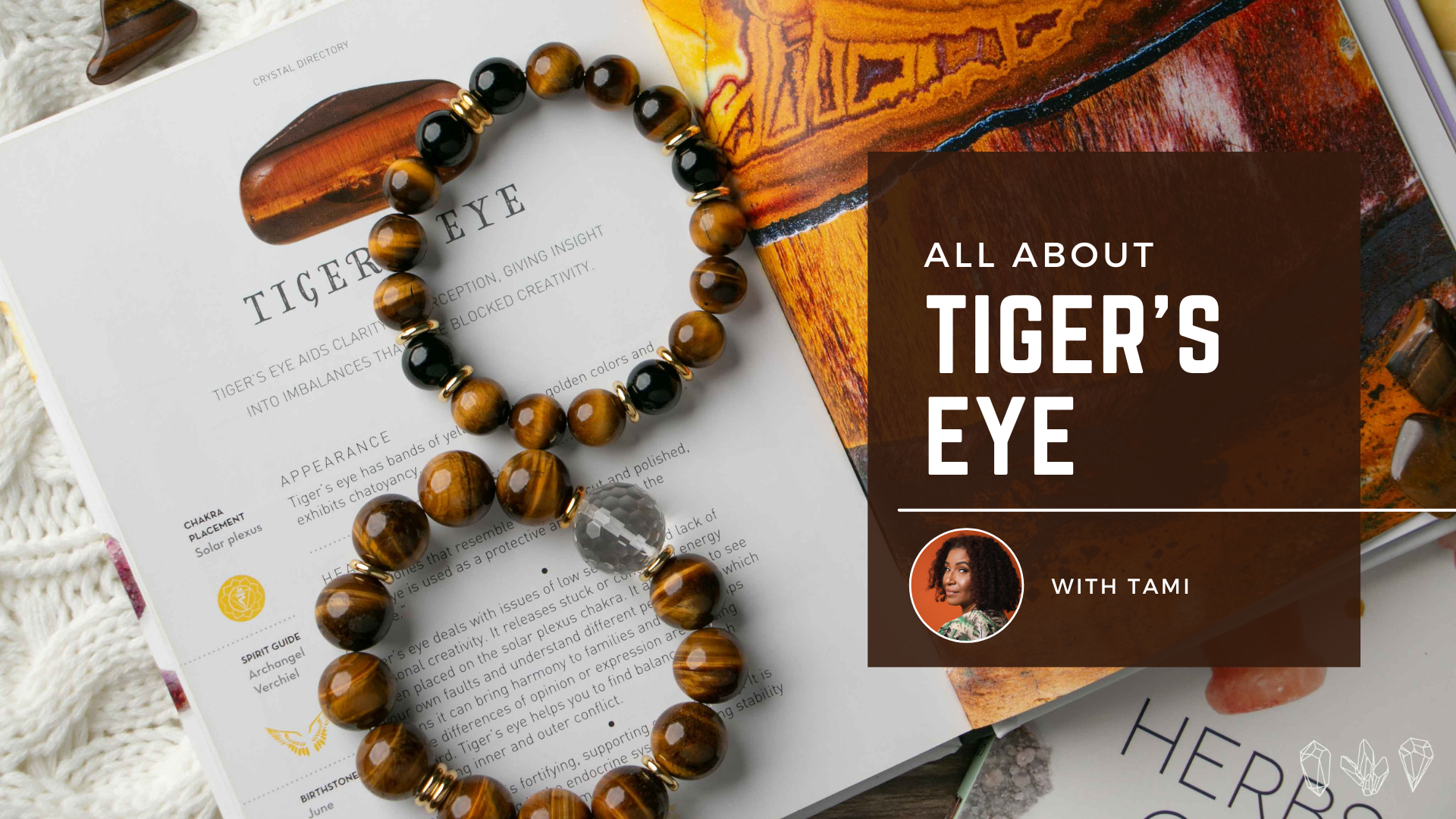 Tiger's Eye bracelets on top of crystal healing book.